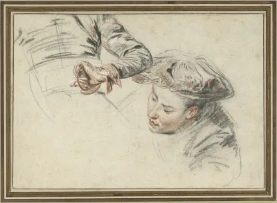 Manskop met baret en een hand aan een gevest