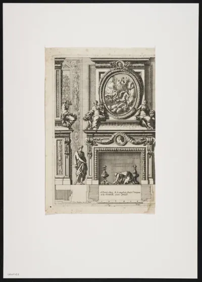 Mantelpiece decorated with an oval frame, friezes and garlands