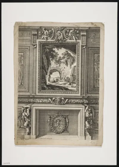 Mantelpiece decorated with painting, putti and satyrs