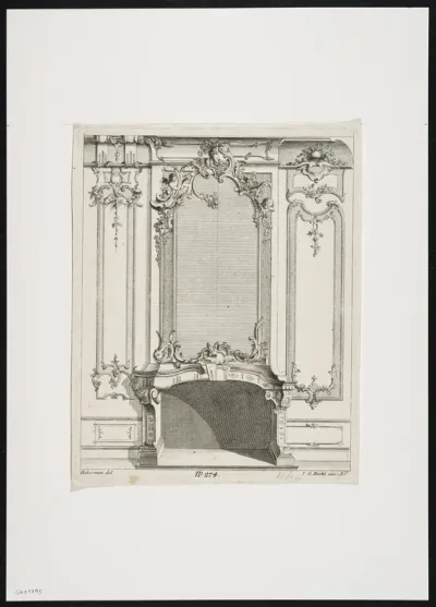 Mantelpiece with putti, masks, foliate scrolls and rococo motifs