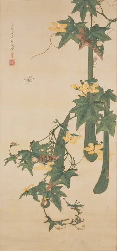 Mantis and Butterfly on Sponge Gourd