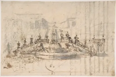 Manuscript page with a Project for a Fountain (recto); Project and Plan for a Monumental Staircase (verso)