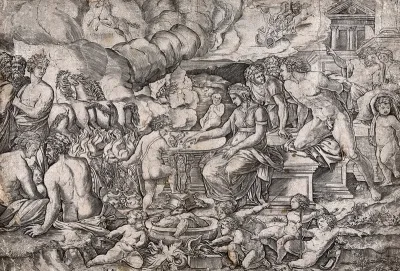Many figures including a woman identified as Venus gambling with Cupid, evidence of torture and tumult