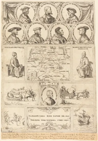 Map of Eastern Europe with portraits of Sigismund von Herberstein, Emperor Charles V, Emperor Maximilian I, Ferdinand of Hungary, Ludwig II of Hungary, Sigismund I of Poland, Sigismund II of Poland, Christian II of Denmark, Suleiman the Magnificent a
