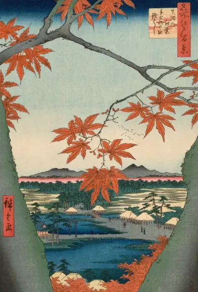Maple Trees at Mama, Tekona Shrine and Tsugi Bridge (Mama no momiji, Tekona no yashiro, Tsugihashi), from the series "One Hundred Famous Views of Edo (Meisho Edo hyakkei)"