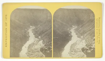 Marble Cañon, one of the gorges of the Colorado here, 1.200 feet deep. The steep cliff is gray limestone and the slope below a brilliant red sandstone, No. 13 from the series "Geographical Explorations and Surveys West of the 100th Meridian"