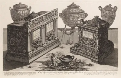 Marble urns and vases, and lamps