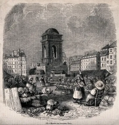Marché des Innocents, Paris: stalls selling fruit and vegetables, and the Fontaine des Innocents