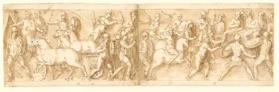 Marcus Aurelius ankommer til slaget, mens tropperne nedkæmper et sarmatisk angreb; sarmaterne beder om nåde