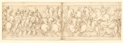 Marcus Aurelius drager over en bro med infanteri og kavaleri; sarmaterne drives tilbage af fremrykkende romere