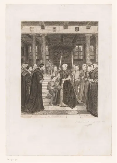 Margaretha van Parma overhandigt de stadssleutels aan de Antwerpse magistraat in het stadhuis