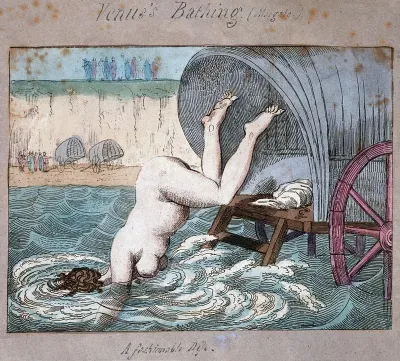 Margate, Kent: a woman diving off a bathing wagon in to the sea