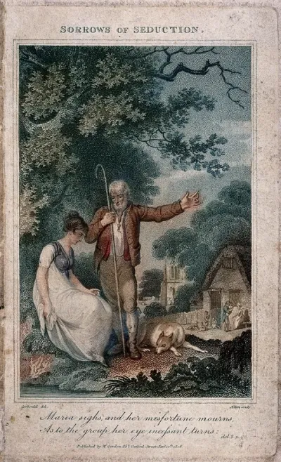 Maria, a young woman, sits under a tree with an old shepherd; he points towards a family in the background