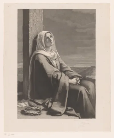 Maria aan de voet van het kruis met naast haar de doornenkroon