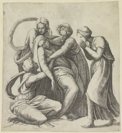 Maria bezwijmt in de armen van de heilige vrouwen