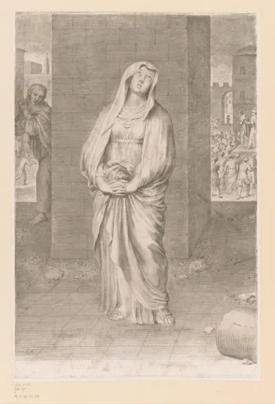 Maria bij een muur met op de achtergrond Christus aan het volk getoond