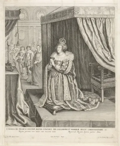 Maria de' Medici knielend voor een crucifix