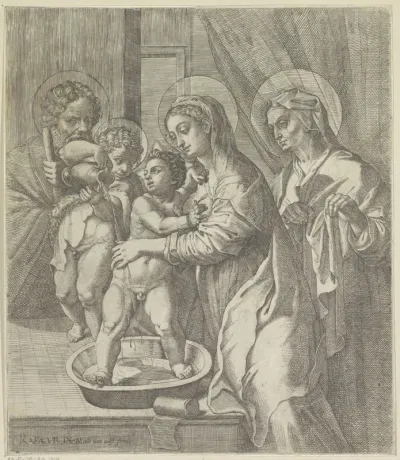 Maria en de jonge Johannes de Doper wassen het Christuskind
