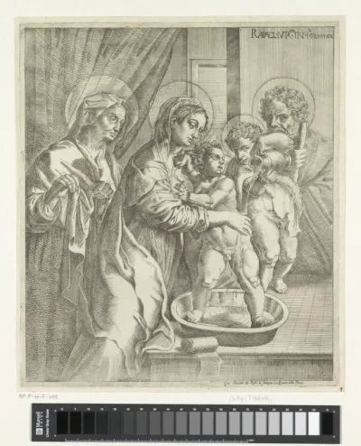 Maria en de jonge Johannes de Doper wassen het Christuskind