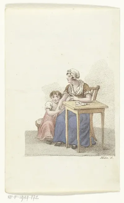 Maria en dienstmeid zitten bij tafeltje