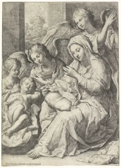 Maria en het slapende Christuskind omgeven door engelen