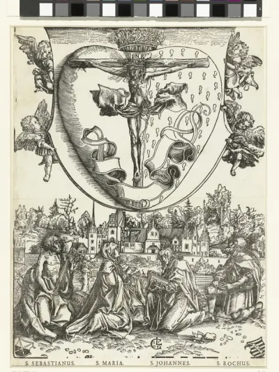 Maria en Johannes de Evangelist en Sebastiaan en Rochus aanbidden het Heilig Hart met Christus aan het kruis