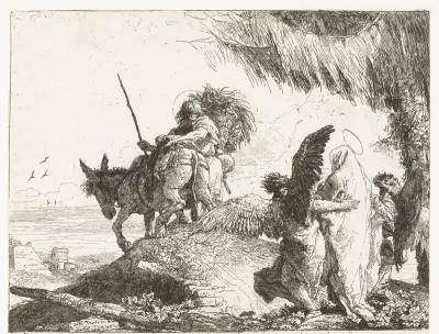 Maria en Jozef met twee engelen tijdens de vlucht naar Egypte