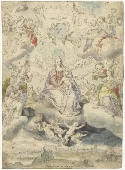 Maria en kind op de wolken te midden van engelen en cherubijnen