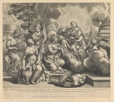 Maria en Kind overhandigen lelies en palmbladeren aan H. Catharina, H. Agnes, H. Ursula, H. Dorothea en H. Cecilia