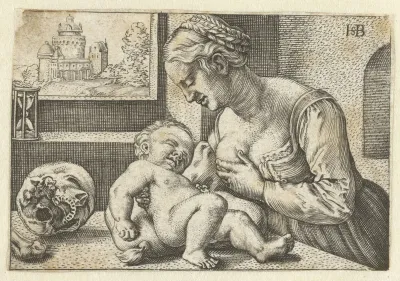 Maria geeft kind de borst en schedel