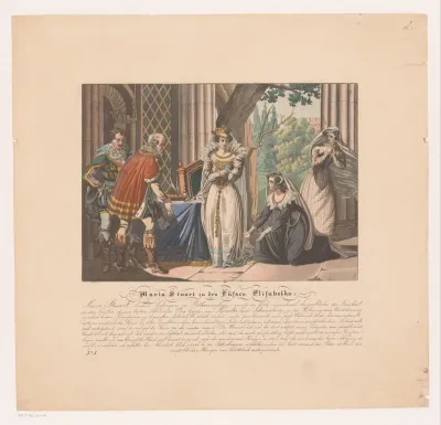 Maria I Stuart geknield voor koningin Elizabeth