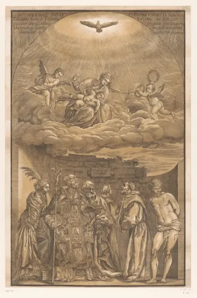 Maria in de wolken en zes heiligen