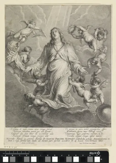Maria in de wolken, omgeven door engelen