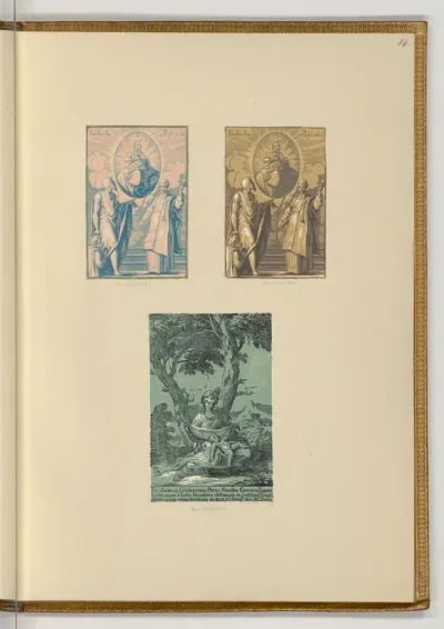 Maria in der Gloriole mit dem Jesuskind, darunter zwei Heilige; Maria mit dem Jesuskind unter Bäumen