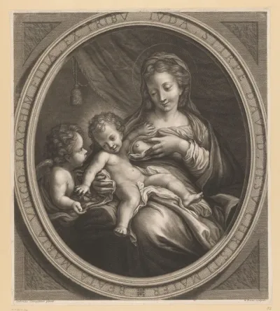 Maria lactans met engel in ovalen lijst