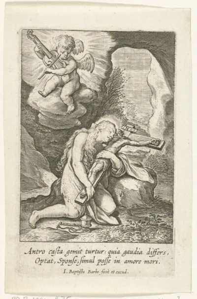 Maria Magdalena berouwvol met crucifix in haar armen in grot