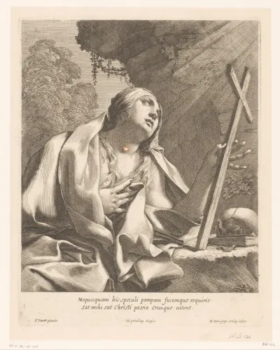 Maria Magdalena biddend bij een kruis