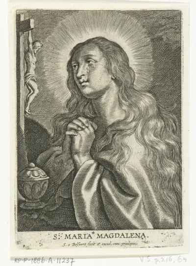 Maria Magdalena bidt geknield voor crucifix