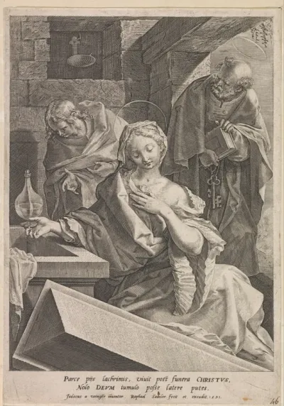 Maria Magdalena en de apostelen Petrus en Johannes de evangelist bij het lege graf
