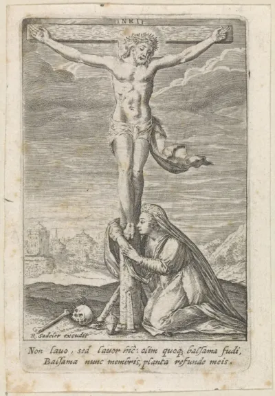 Maria Magdalena geknield bij de gekruisigde Christus