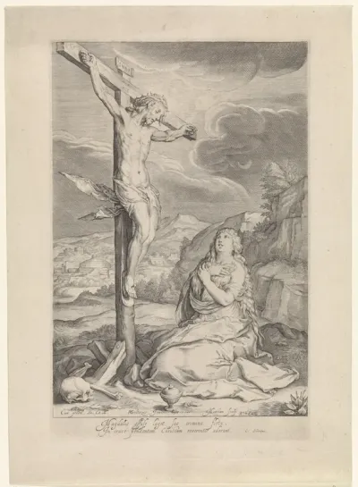 Maria Magdalena knielend aan de voet van het kruis