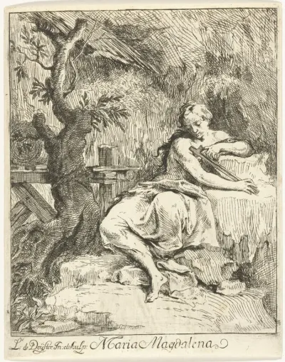 Maria Magdalena met crucifix in grot
