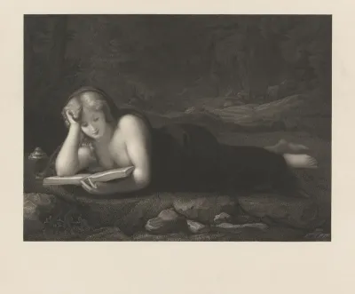 Maria Magdalena terwijl ze liggend een boek leest
