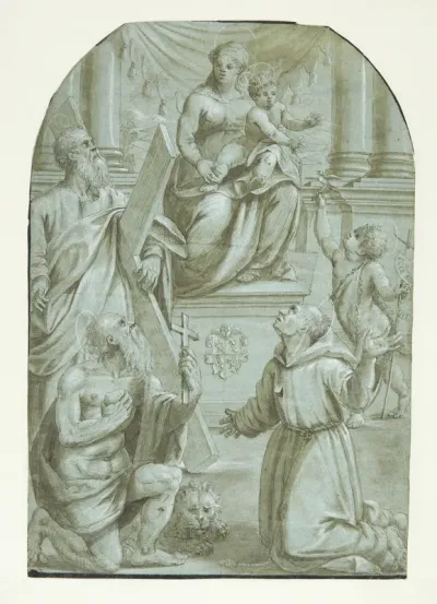 Maria med Jesusbarnet tronende, omgivet af apostlen Andreas, Johannes Døberen som barn, den hellige Jeronimus og den hellige Frans af Assisi