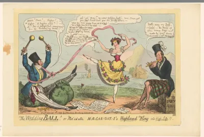Maria Mercandotti danst op de muziek van James Duff en kijkt naar Edward Hughes Ball Hughes, die op geldzakken zit