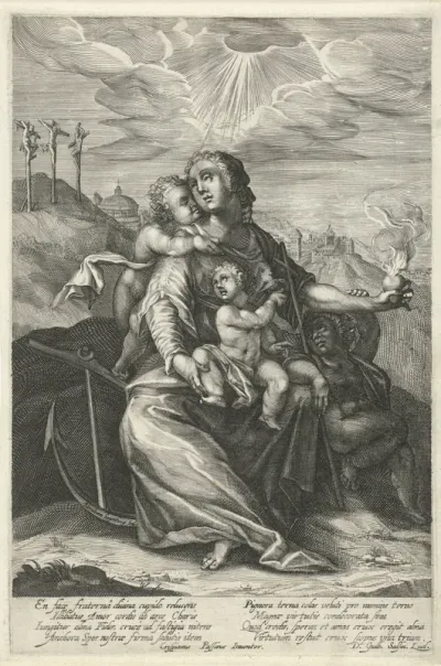 Maria met Christuskind en de kleine Johannes de Doper (verbeelding van de drie theologische deugden)