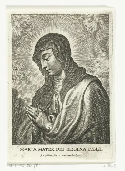 Maria met gevouwen handen, omringd door cherubijntjes