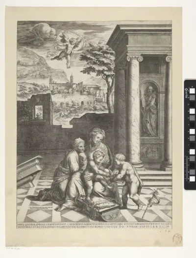 Maria met het Christuskind, Elisabet en de jonge Johannes de Doper op een binnenplaats