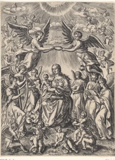 Maria met het Christuskind, omringd door een menigte engelen