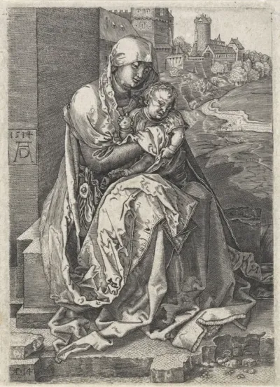 Maria met het Christuskind op schoot bij een muur